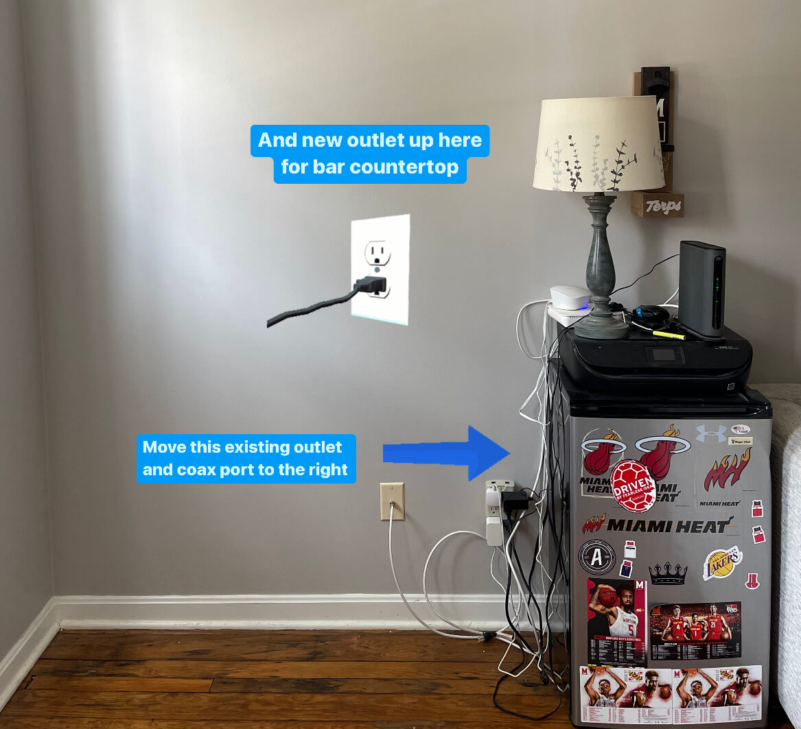 Showcasing how I'm going to move the existing outlet and add a new countertop height outlet.